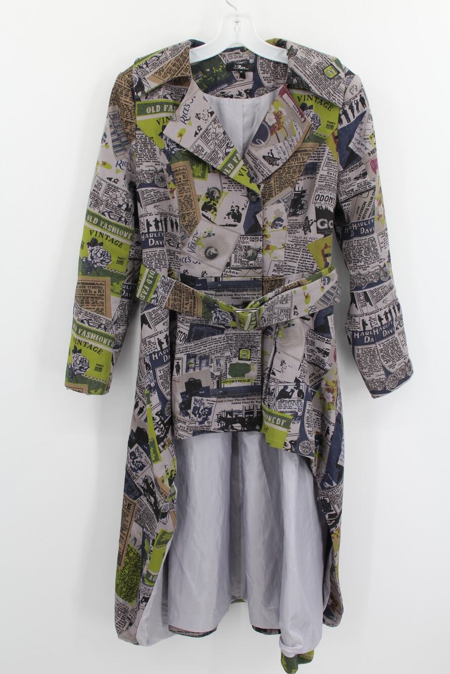 For Her NYC High Low Newspaper Print Jacket Green Gray Medium